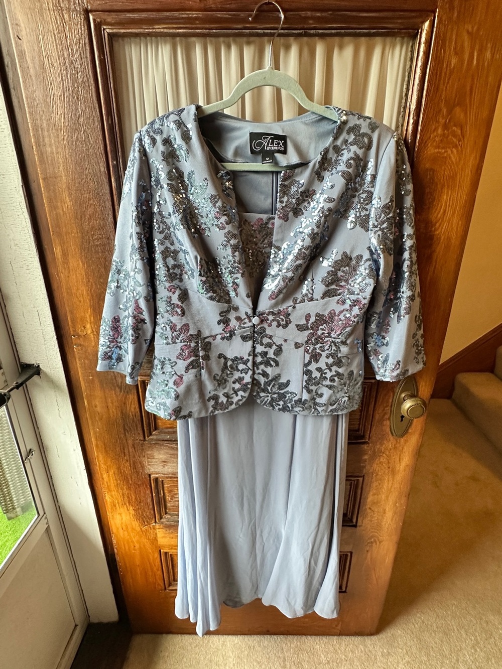 Alex Evenings Size 12 Blue Gray Sequin Floral 2 Piece Dress Jacket Formal Set